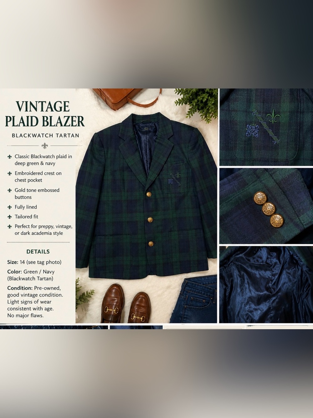 Vintage Blackwatch Plaid Blazer, Brass Buttons - Unknown Label